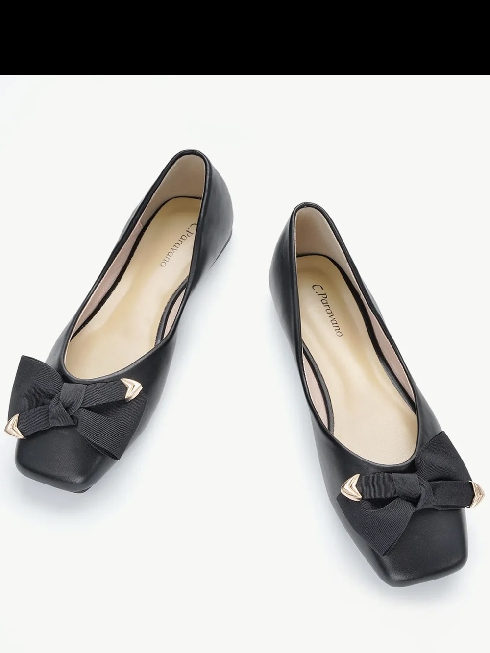 C.Paravano Eva Metal Bow Square Toe Ballet Flats Black Size 11